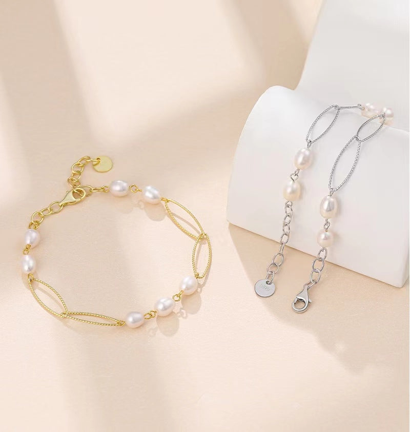 Pulsera con hebilla de plata maciza S925 con perlas de agua dulce genuinas