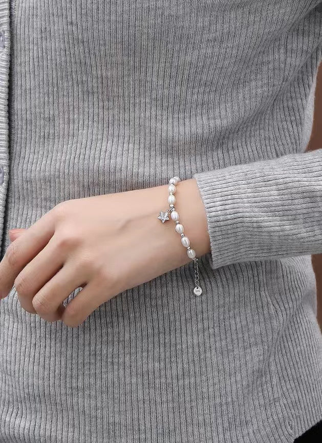 Pulsera Meteorito de Plata S925 Sólida con Perla de Agua Dulce Genuina