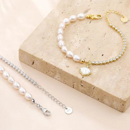 Bracelet coquillage en argent massif S925 avec véritable perle d'eau douce