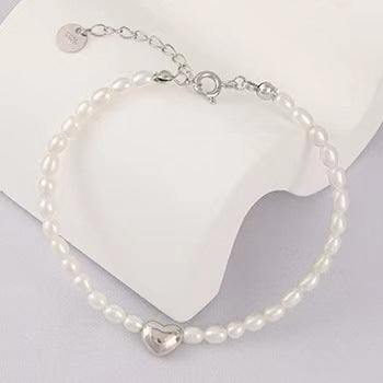 Pulsera de plata maciza S925 con forma de corazón y perlas de agua dulce auténticas