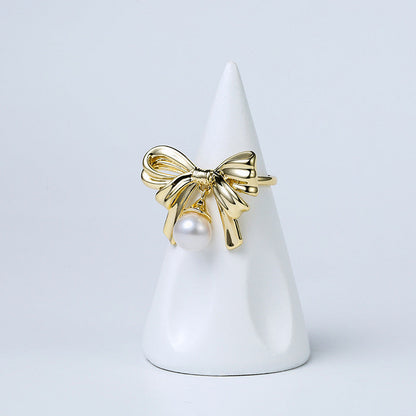 Anillo de lazo con perla de agua dulce genuina