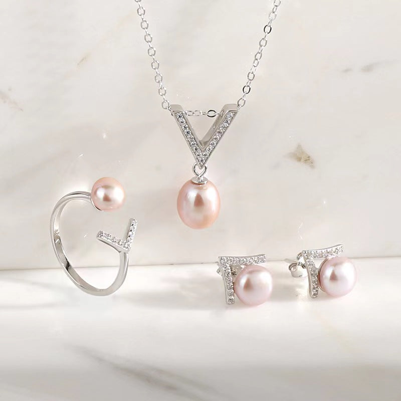 Conjunto de plata maciza S925 con auténtica perla de agua dulce