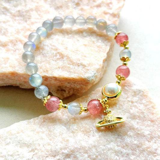 Pulsera Saturno de piedra lunar y cristal de fresa