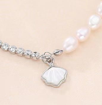 Pulsera de concha de plata maciza S925 con perla de agua dulce genuina