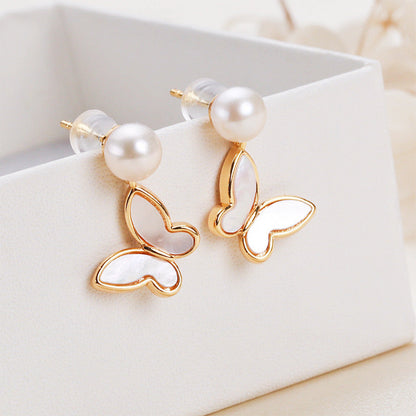 Pendientes de mariposa con perlas de agua dulce genuinas de plata maciza S925