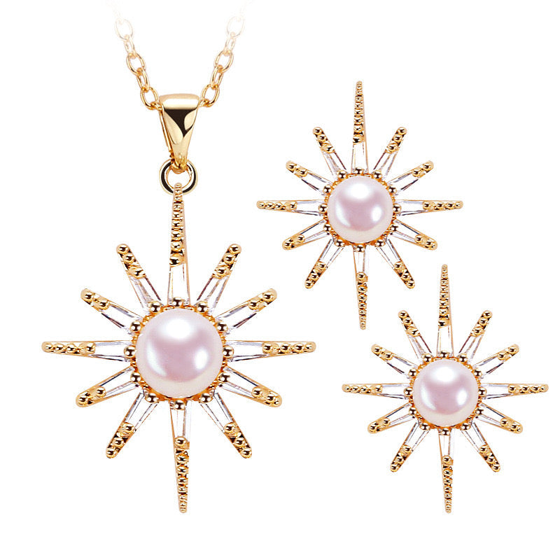 Conjunto de estrella de perla de agua dulce genuina bañada en latón y oro de 18 quilates