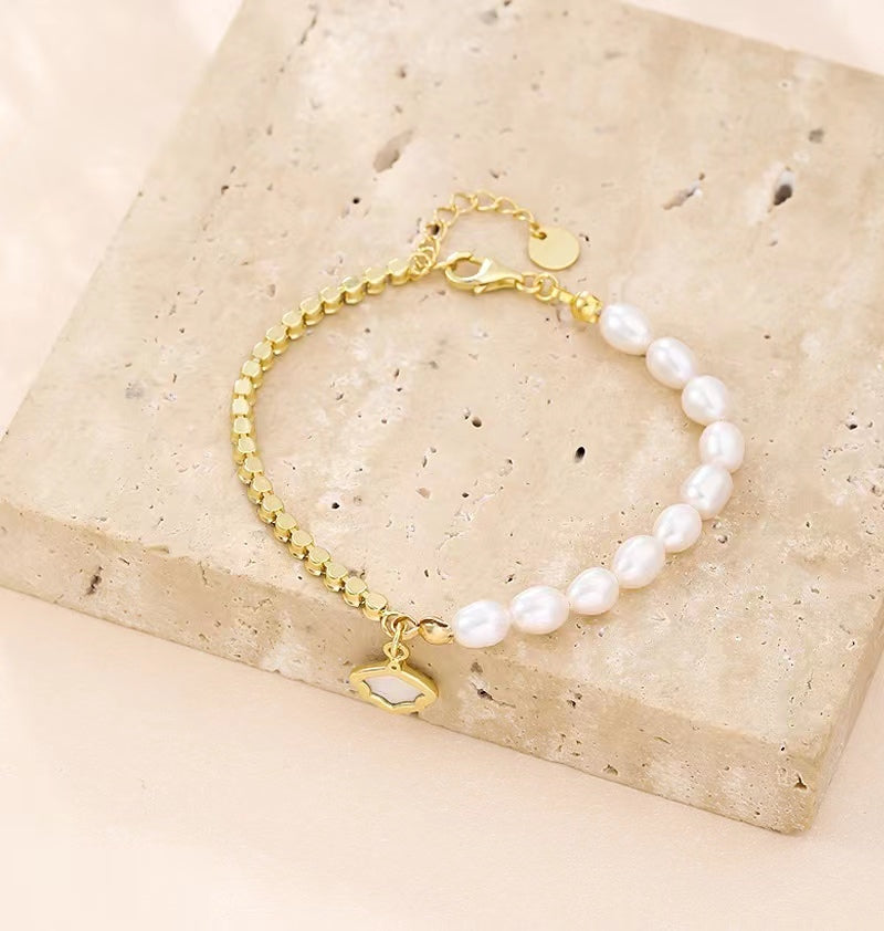 Pulsera de concha de plata maciza S925 con perla de agua dulce genuina