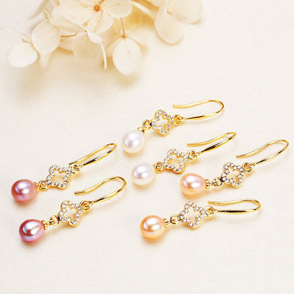 Brass Plated with 18K Gold Genuine Freshwater Pearl Golden Clover Earrings