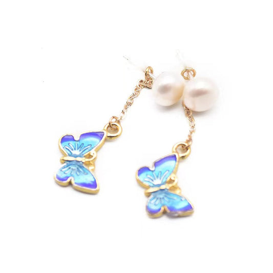 Boucles d'oreilles papillon bleues en perles baroques d'eau douce véritables (édition limitée)