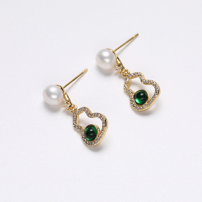 Pendientes de calabaza con esmeralda y perla de agua dulce auténtica de plata maciza S925