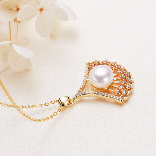 Brass Plated with 18K Gold Genuine Freshwater Pearl Ocean Fan Necklace