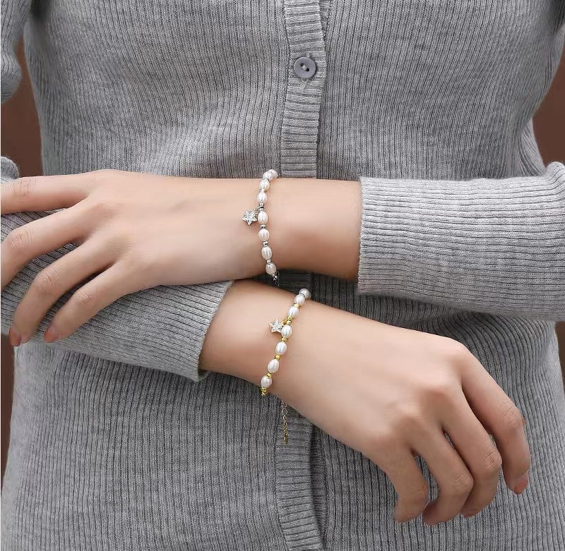 Pulsera Meteorito de Plata S925 Sólida con Perla de Agua Dulce Genuina