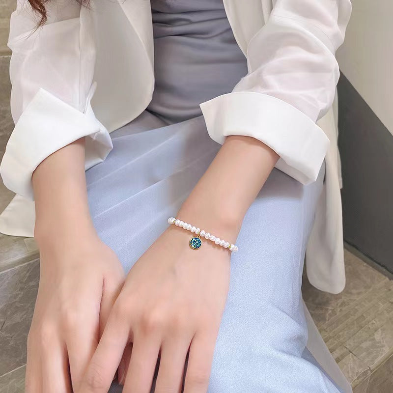 Pulsera de plata maciza S925 con perla barroca auténtica y noche estrellada