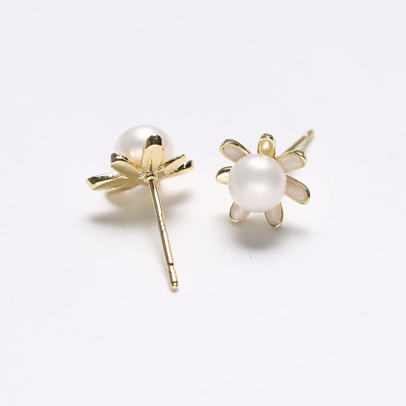 Boucles d'oreilles tournesol dorées en argent massif S925 avec perles d'eau douce véritables