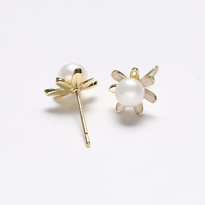 Pendientes de girasol dorado de plata maciza S925 con auténtica perla de agua dulce
