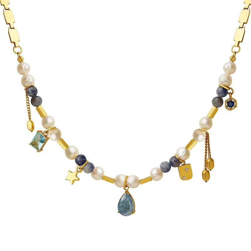 Collar de acero de titanio con perlas de agua dulce auténticas y sueño azul