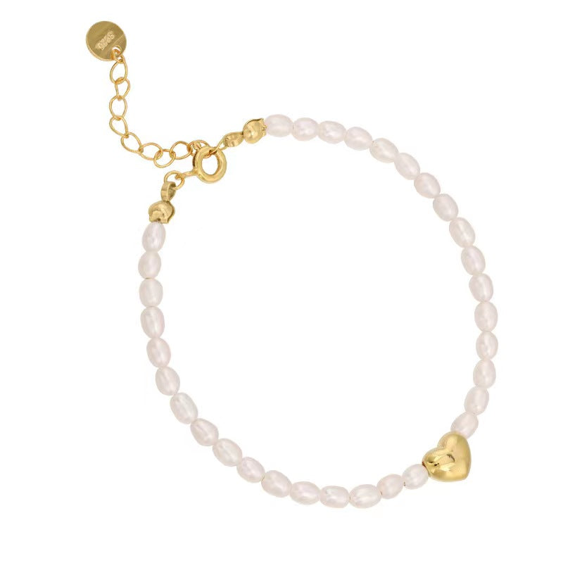 Pulsera de plata maciza S925 con forma de corazón y perlas de agua dulce auténticas
