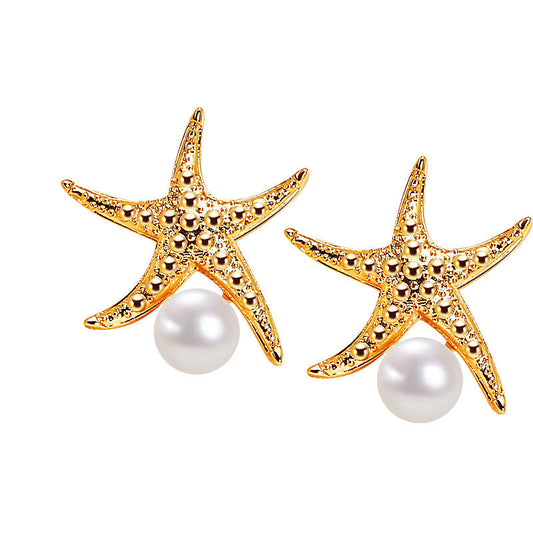 Boucles d'oreilles étoile de mer en laiton plaqué or 18 carats et véritables perles d'eau douce