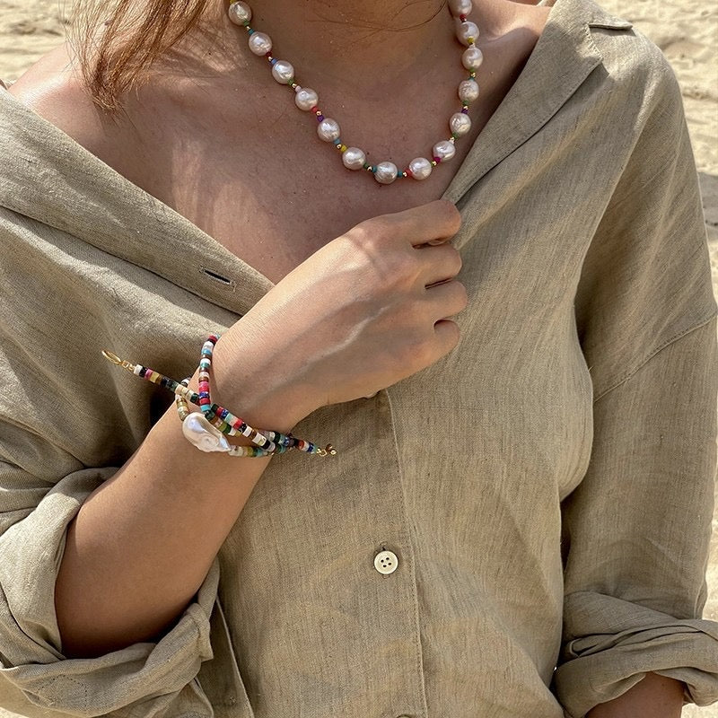 Collar de calíope con perla de agua dulce genuina galvanizada en oro de 18 quilates