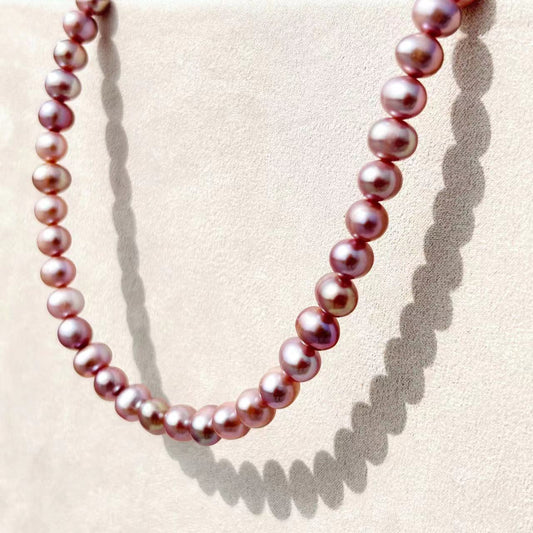 Conjunto de collar de plata maciza S925 con auténtica perla morada redonda de agua dulce