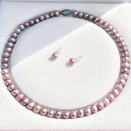 Conjunto de collar de plata maciza S925 con auténtica perla morada redonda de agua dulce