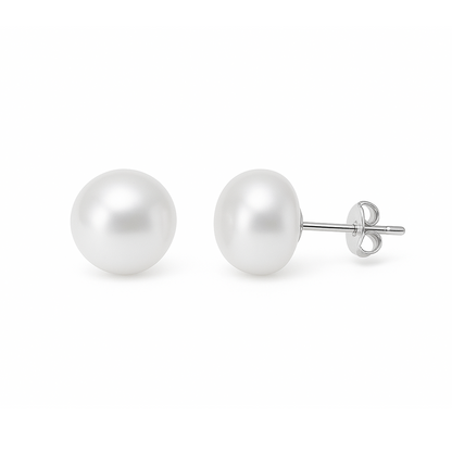 S925 Silver 4-10mm White Freshwater Button Pearl Stud Earrings