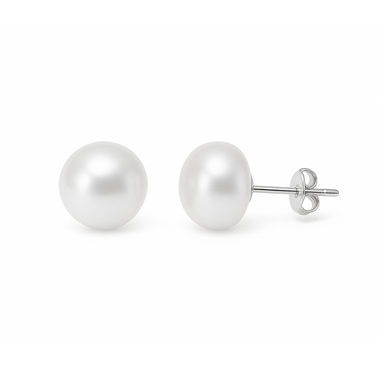 S925 Silver 4-10mm White Freshwater Button Pearl Stud Earrings